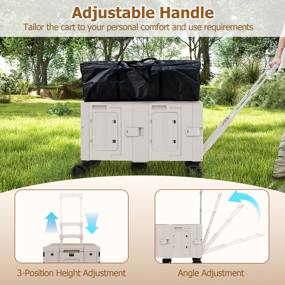 Large foldable utility cart with adjustable handle, 2-tier storage crates, and cup holder for versatile outdoor use.