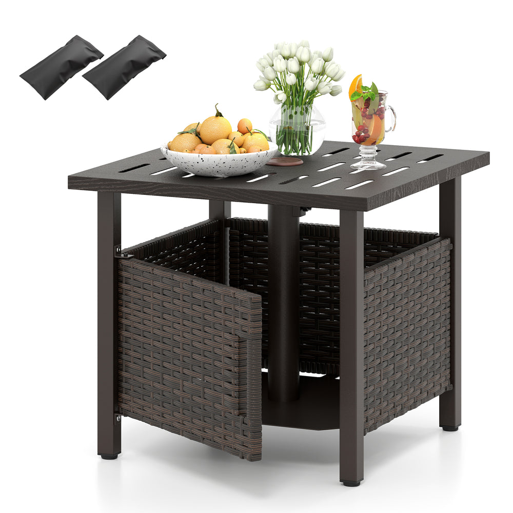 Outdoor side table in brown with a 1.93" umbrella hole, made of weather-resistant PE wicker, ideal for patio use.