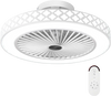 19-inch white ceiling fan with light, remote control, and adjustable brightness for low-profile installation in rooms.