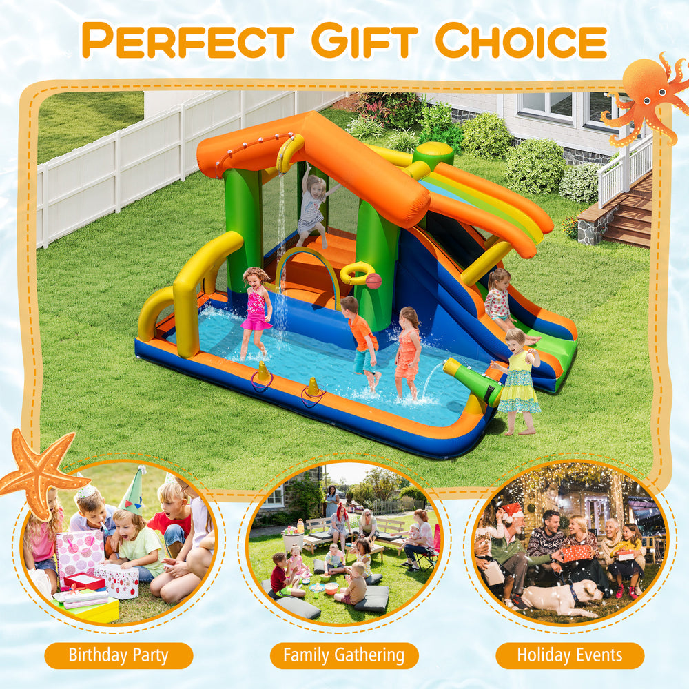 8-in-1 jumping castle with slide and pool, featuring climbing wall and water cannon for summer fun and safe play.