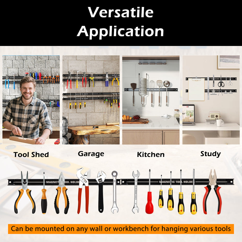 18-inch black magnetic tool holder strip with tools, ideal for garage, kitchen, or study organization.