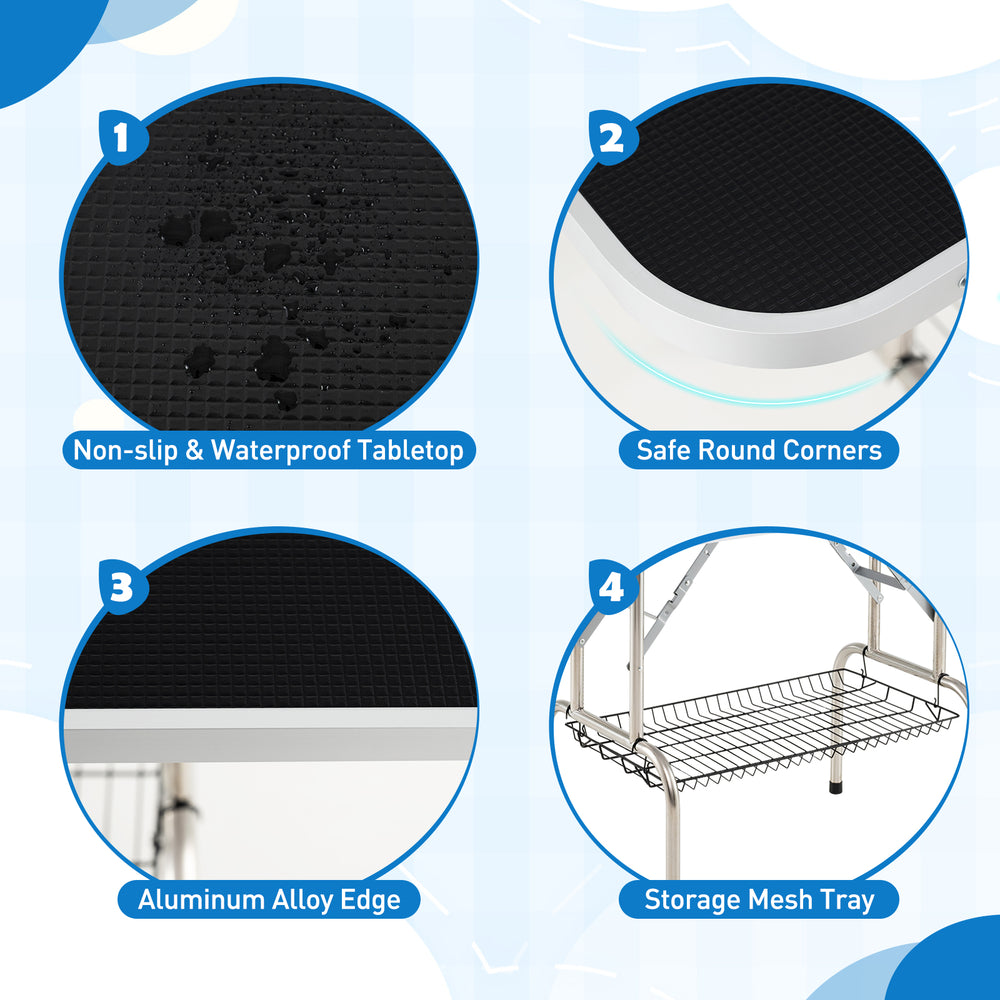 Non-slip and waterproof tabletop of the foldable dog grooming table, featuring safe round corners and aluminum alloy.
