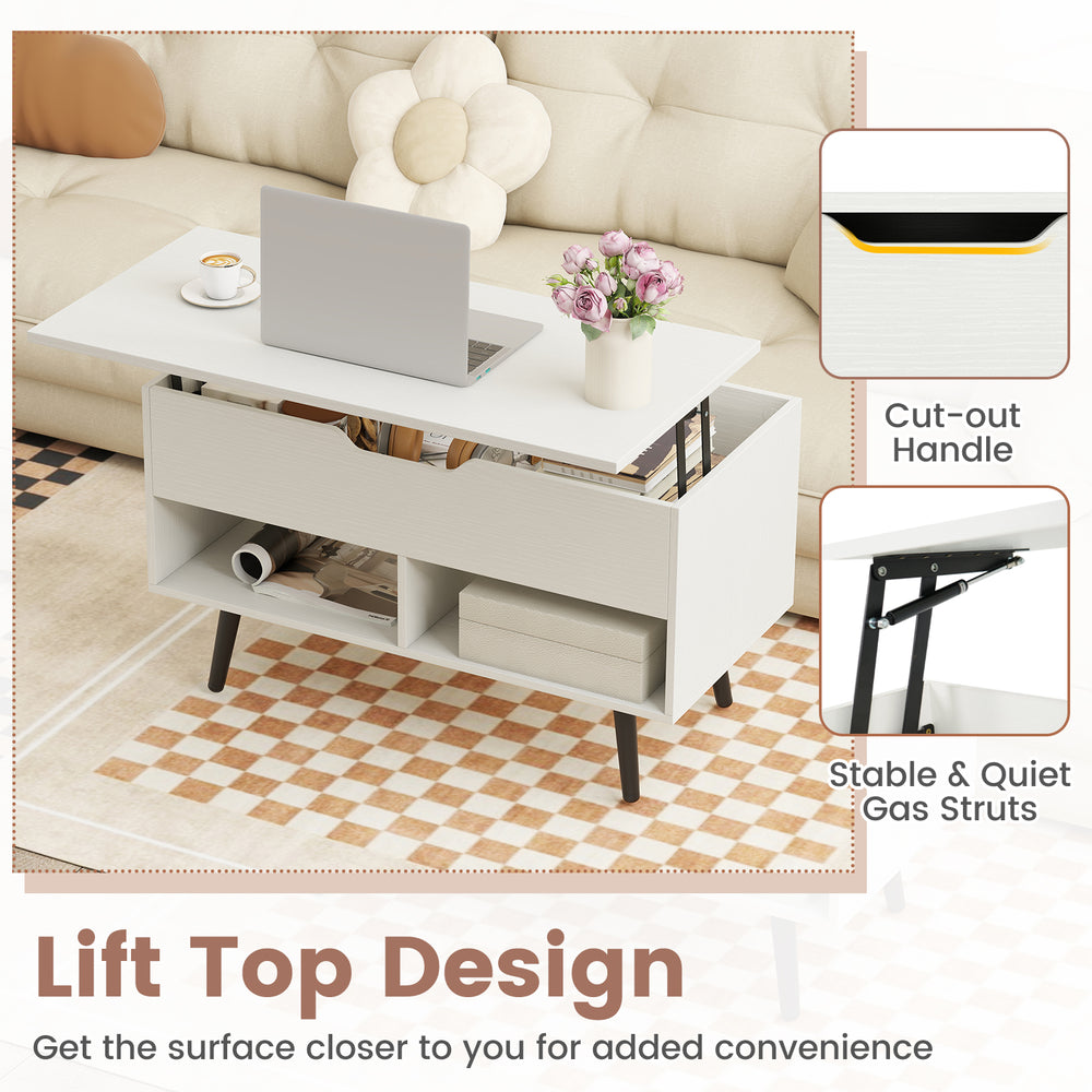 Lift-top coffee table in white with hidden storage and two open shelves, ideal for versatile use in modern spaces.