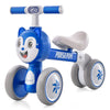 Blue baby balance bike with carbon steel frame, comfortable seat, and noiseless EVA wheels for safe riding fun.