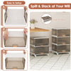 Three-cube stackable storage bins with detachable wheels, featuring a modular design and easy access for versatile.