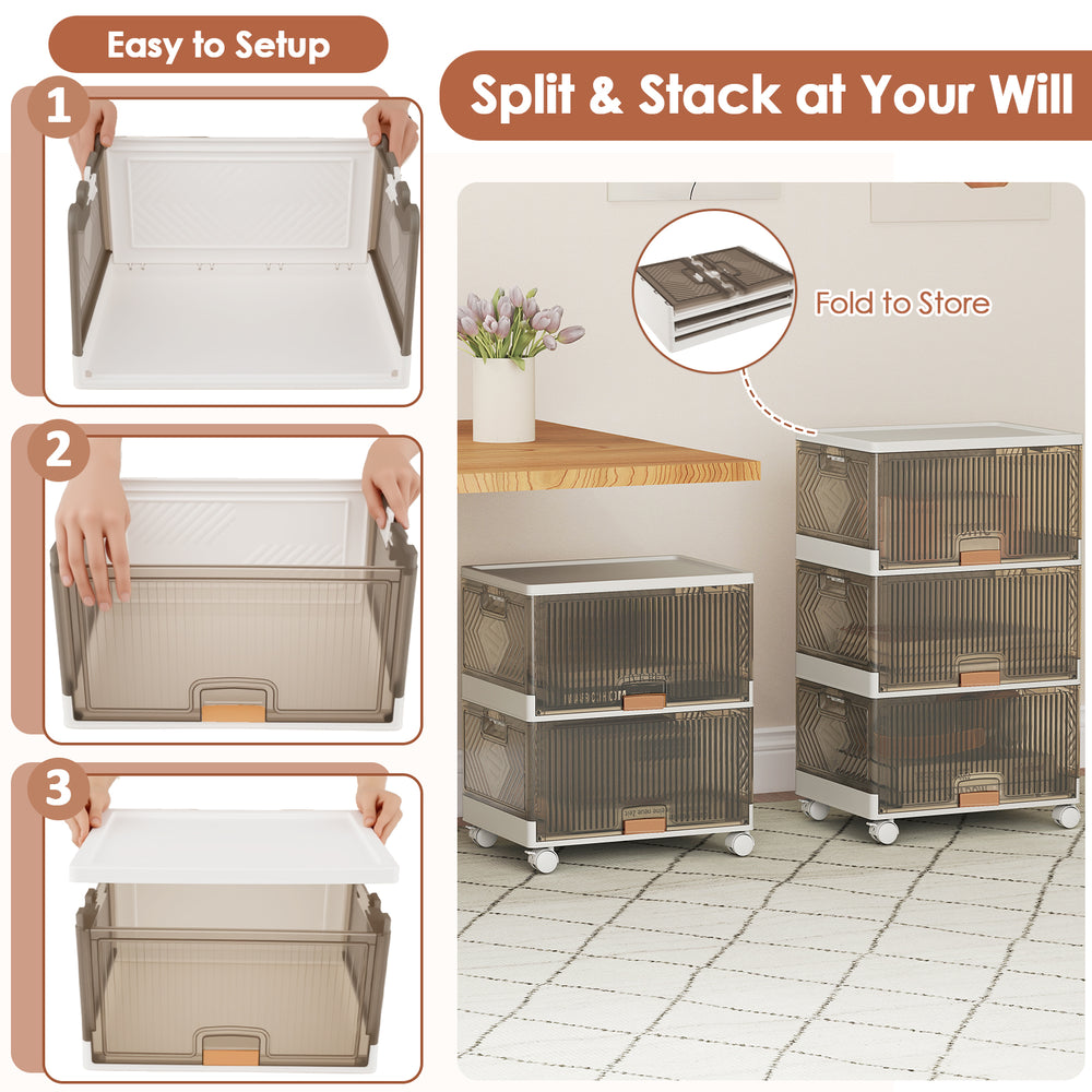 Three-cube stackable storage bins with detachable wheels, featuring a modular design and easy access for versatile.