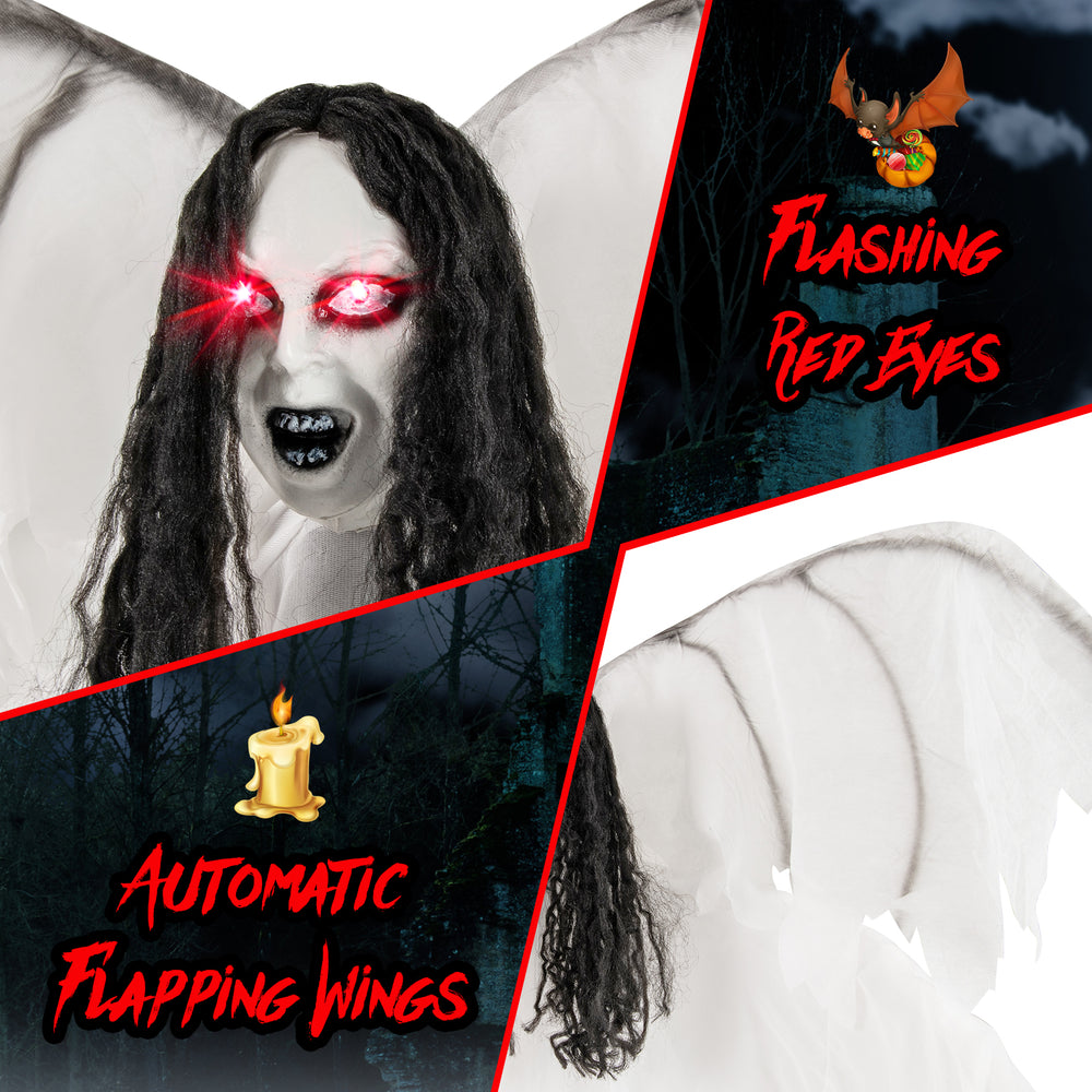 6.6 feet Halloween animatronic angel with light-up red eyes, flapping wings, and spooky details for indoor or covered.