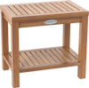 19-inch teak wood shower bench with slatted design and storage shelf, perfect for bathroom or poolside use.