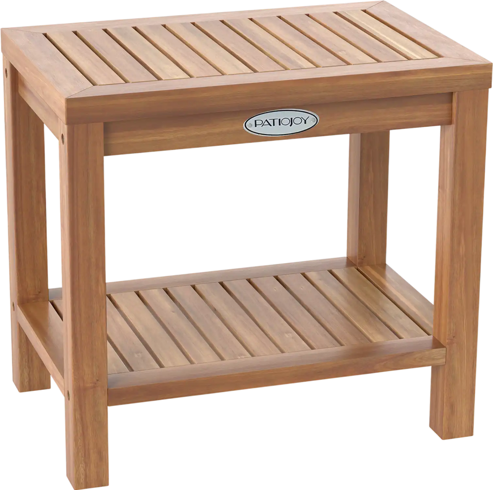 19-inch teak wood shower bench with slatted design and storage shelf, perfect for bathroom or poolside use.