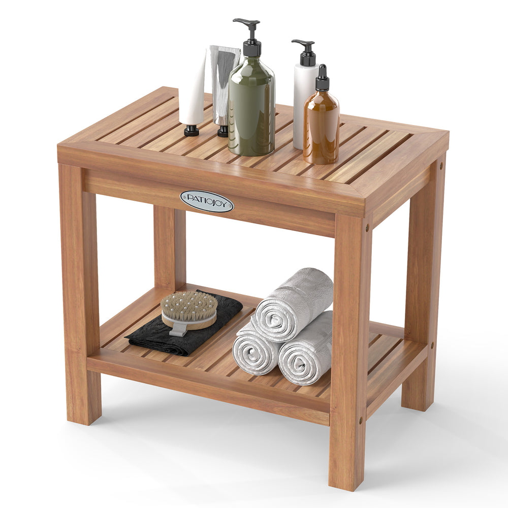 19-inch teak wood shower bench with storage shelf, featuring a slatted design for drainage, perfect for bathroom or.