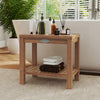 Teak wood shower bench with storage shelf, featuring a slatted design for drainage, ideal for bathroom or poolside use.