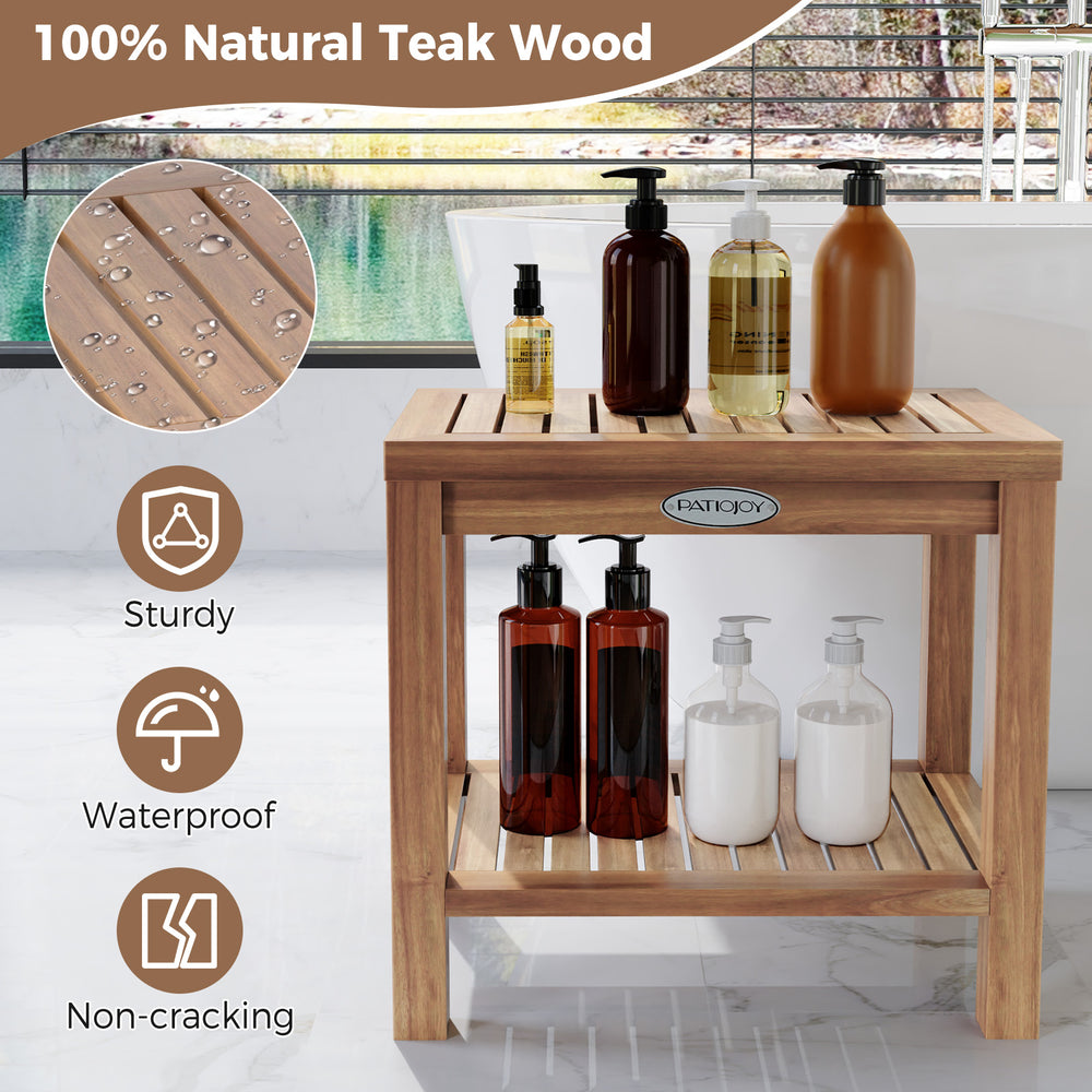 19-inch teak wood shower bench with 2-tier storage shelf, sturdy and waterproof, ideal for bathroom or poolside use.