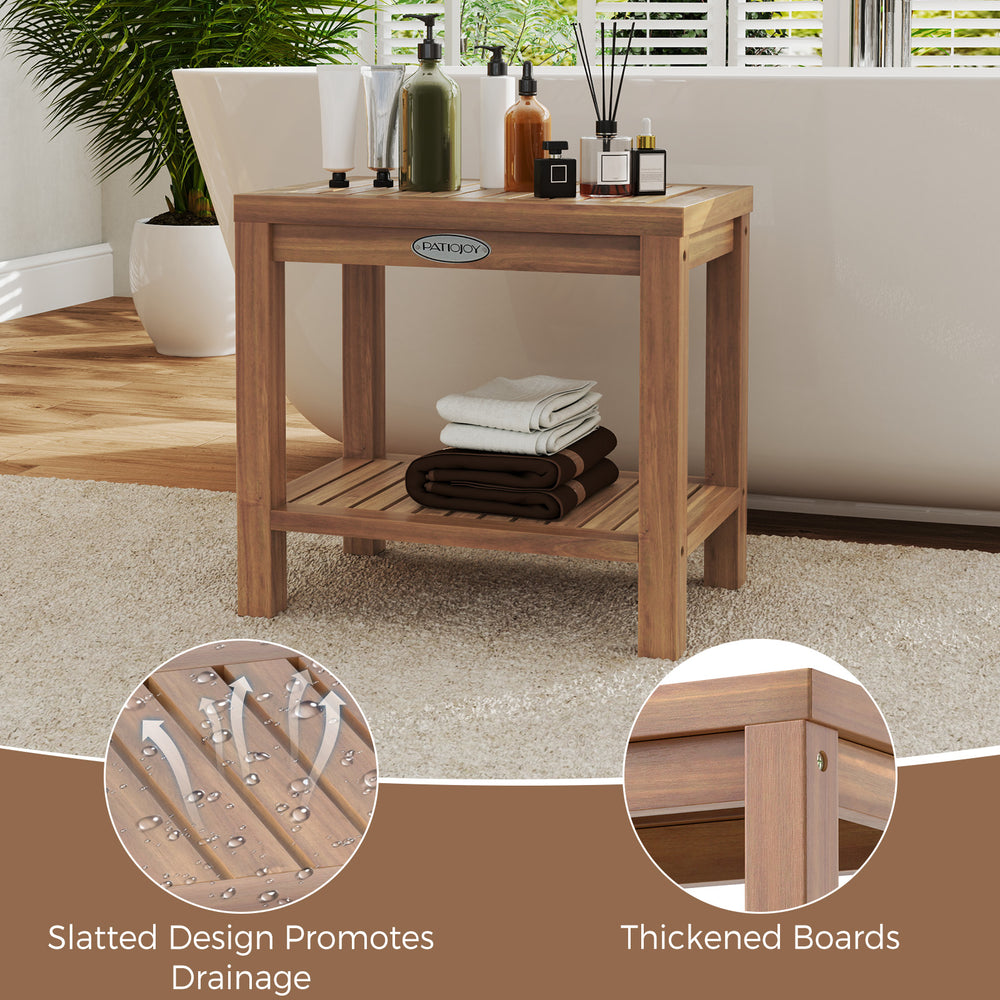 19-inch teak wood shower bench with slatted design, featuring a storage shelf for towels and toiletries in a bathroom.