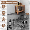 Teak wood shower bench with 2-tier storage shelf, ideal for towels and shampoos, perfect for bathroom or entryway use.