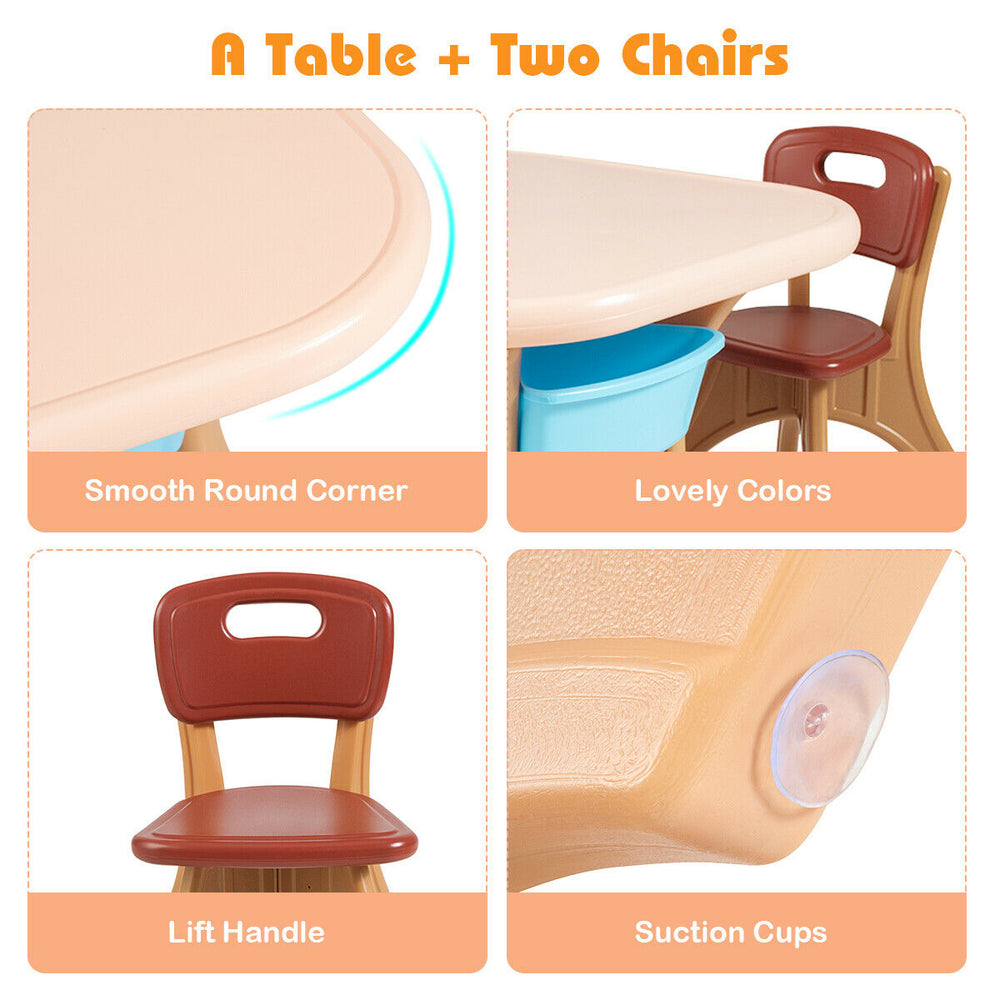 Children's activity table and two chairs set in colorful design, featuring smooth corners and storage drawers for.