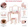 Kids makeup dressing table in pink with tri-folding mirror, storage drawer, and solid wood legs for stability.
