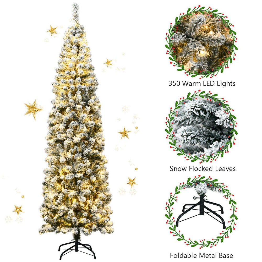 7.5 feet pre-lit snow flocked pencil Christmas tree with 350 warm LED lights, perfect for limited spaces and festive.