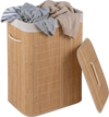 Bamboo clothes hamper with removable liner, portable handles, and top lid for concealed laundry storage.