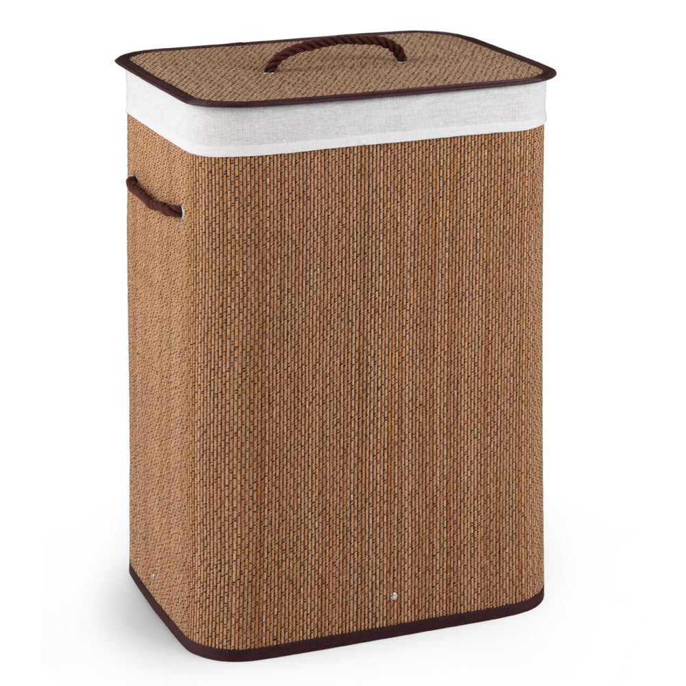 Bamboo clothes hamper with removable liner, 19-gal capacity, portable handles, ideal for laundry room or bedroom use.