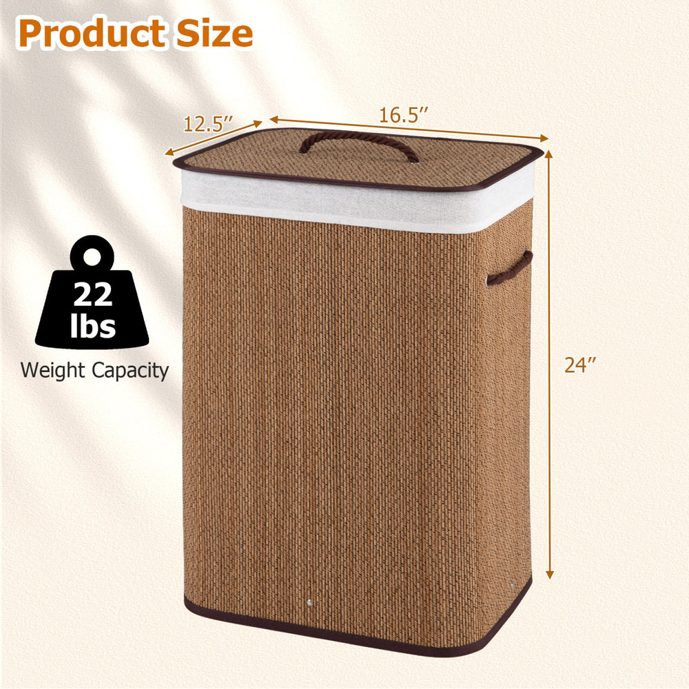Bamboo clothes hamper with removable liner, 19-gal capacity, portable handles, and foldable design for easy storage.