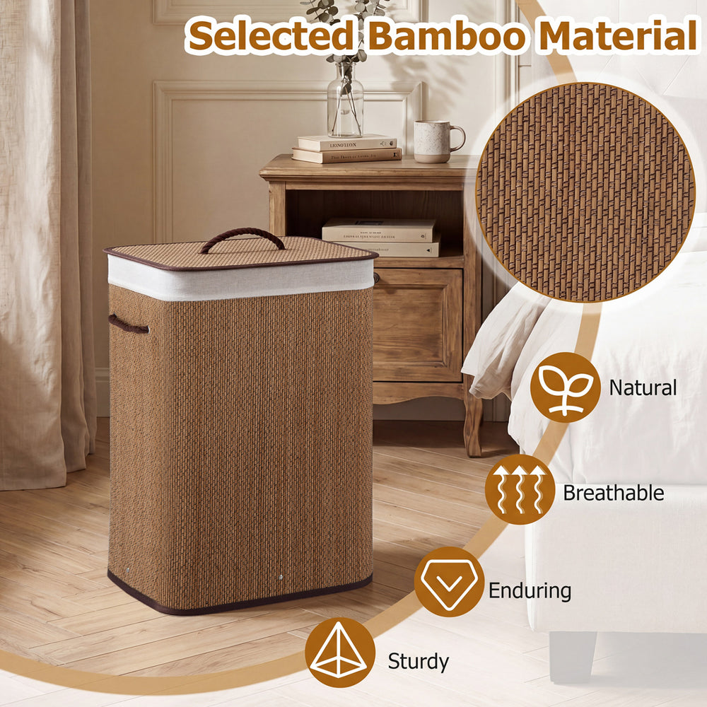 Bamboo clothes hamper with removable liner, 19-gal capacity, sturdy design, perfect for laundry room or bedroom use.