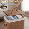Bamboo clothes hamper with removable liner, top lid, and portable handles for easy laundry storage in brown.