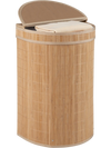 Bamboo laundry hamper with zippered lid, 19-gal capacity, detachable liner, ideal for bedrooms and bathrooms.