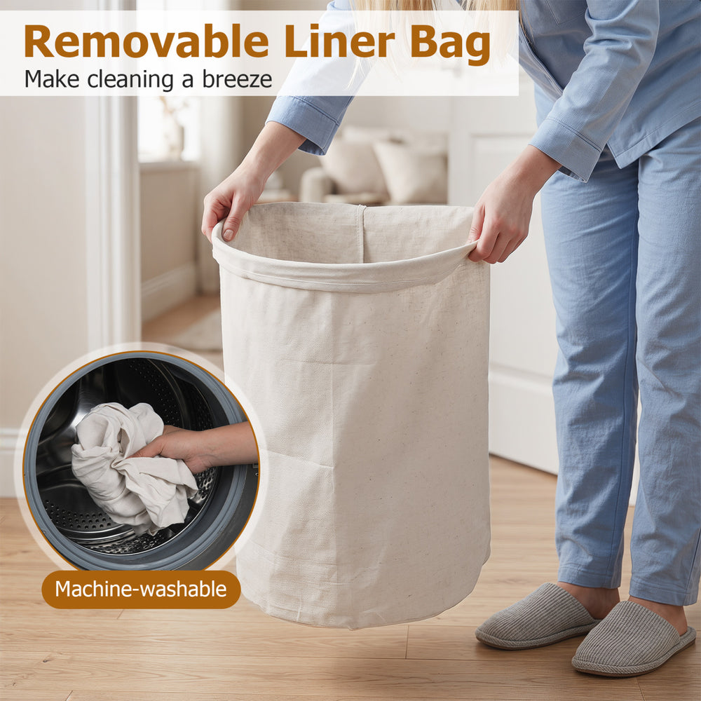 Natural bamboo laundry hamper with zippered lid and removable liner bag, ideal for bedrooms and laundry rooms.
