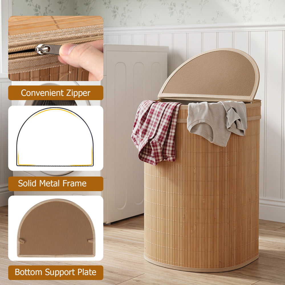 Bamboo laundry hamper with zippered lid, 19-gal capacity, solid metal frame, ideal for bedrooms and bathrooms.
