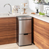 Side view of the 19 gal stainless steel trash can, featuring a soft closing lid and anti-collision pads for quiet.