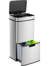 Stainless steel 19-gal trash can with detachable kitchen waste bin and two bottom recycling bins for efficient waste.