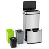 Stainless steel 19-gal trash can with detachable kitchen waste bin and two bottom recycling bins for organized waste.