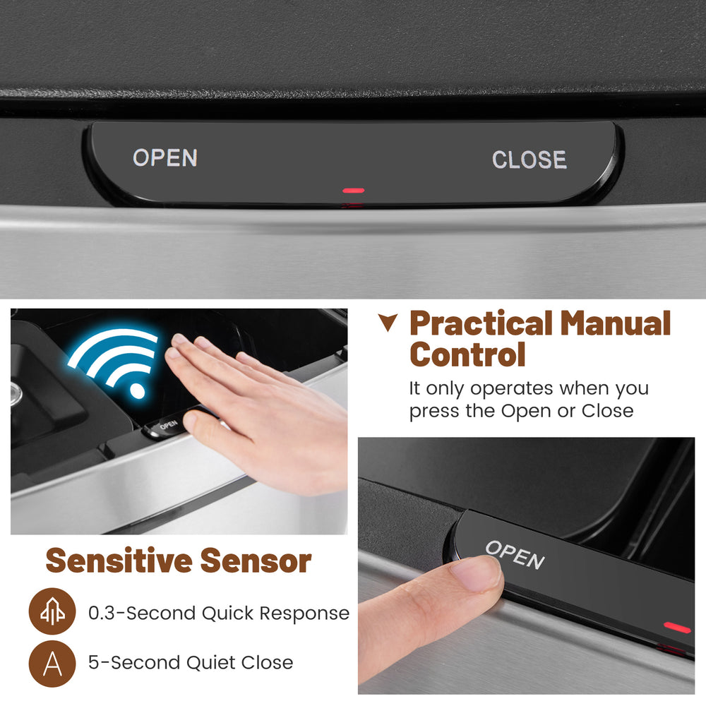 Stainless steel trash can with manual control, featuring a sensitive sensor and quiet close for efficient waste.