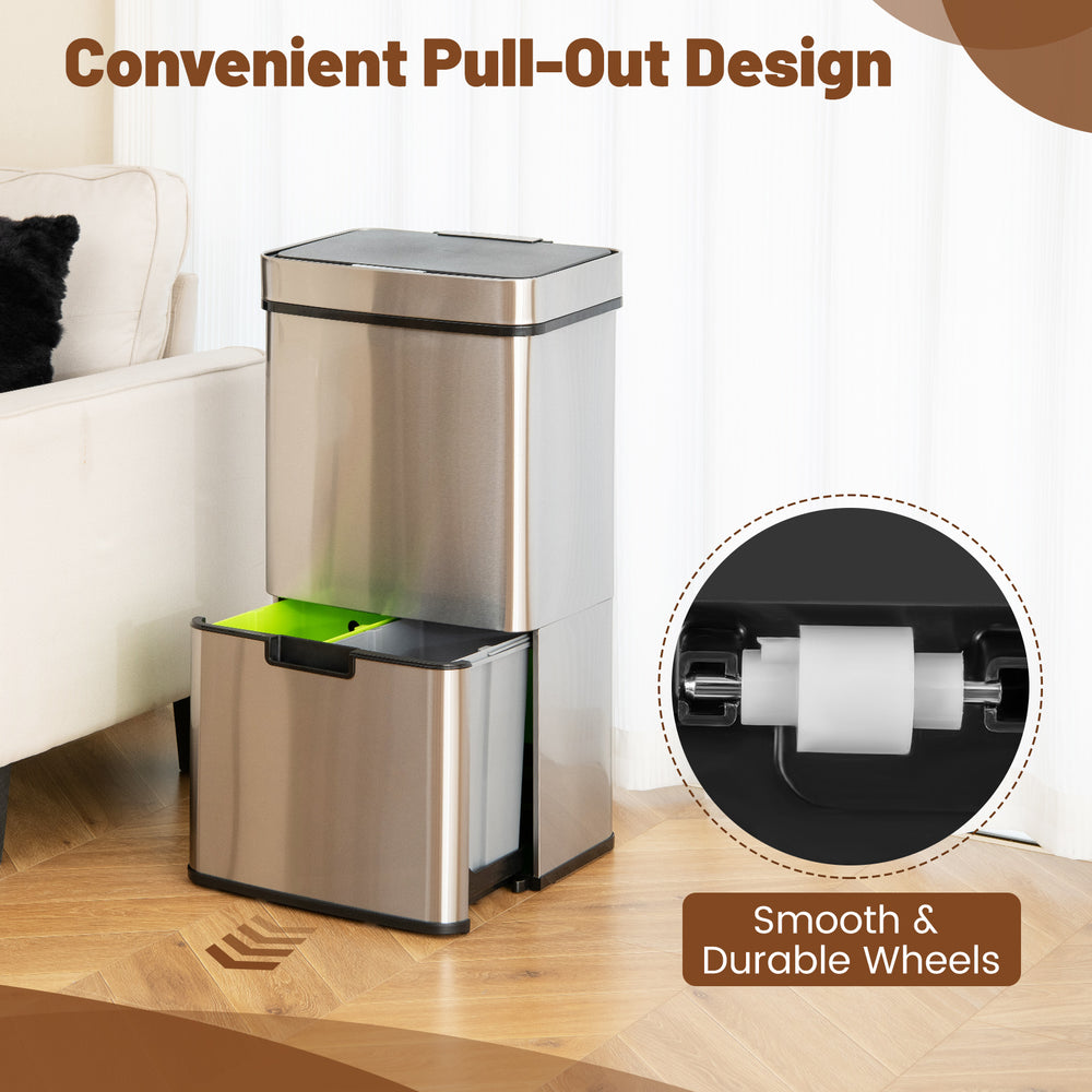 Stainless steel 19 gal trash can with detachable kitchen waste bin and smooth pull-out wheels for easy access.
