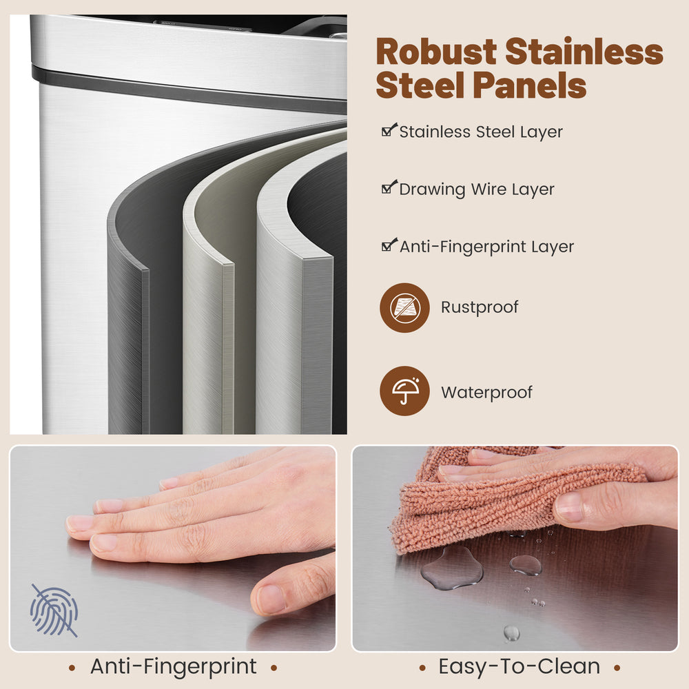 Close-up of the 19 gal stainless steel trash can showcasing anti-fingerprint and easy-to-clean surfaces for kitchen use.