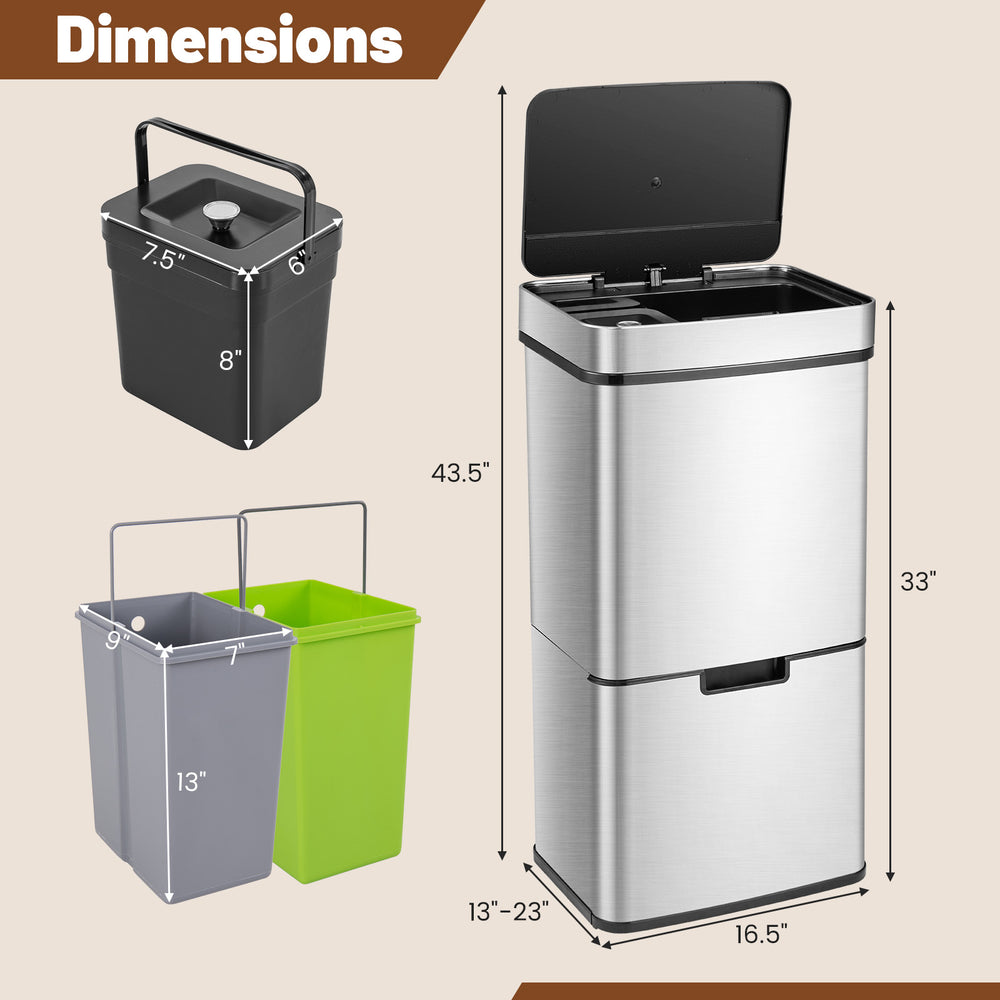 Stainless steel 19 gal trash can with detachable kitchen waste bin and two bottom recycling bins, measuring 43.5" x.