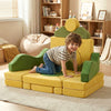 Child playing on a vibrant green and yellow modular kids play couch, designed for comfort and creative imagination.