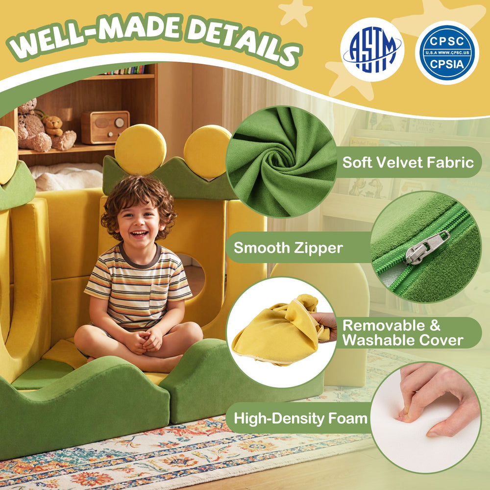 Modular kids play couch with soft velvet fabric, high-density foam, and removable cover for comfort and creativity.
