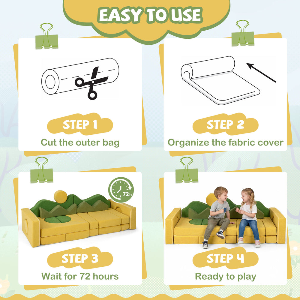 Step-by-step guide for the 19 Pieces Modular Kids Play Couch, highlighting easy setup and creative play for children.