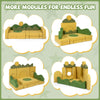 Modular kids play couch set featuring 19 soft velvet pieces in yellow and green, perfect for creative play and family.