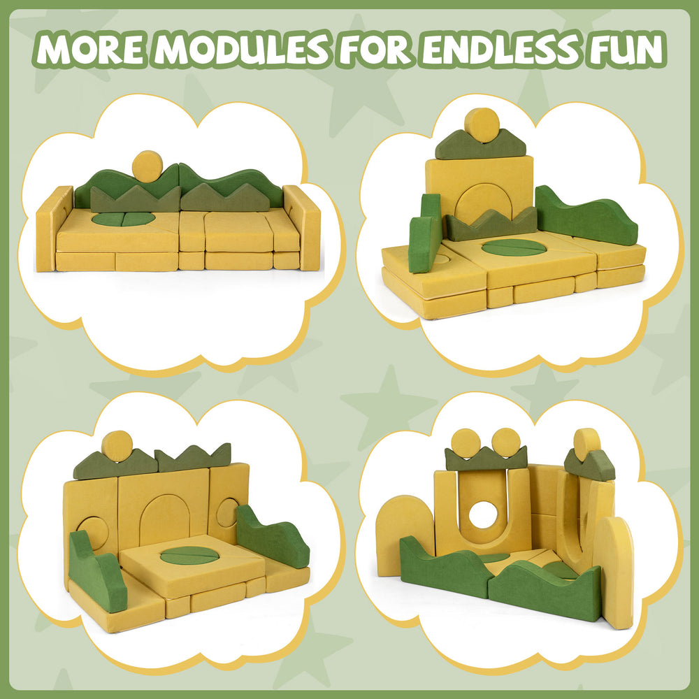 Modular kids play couch set featuring 19 soft velvet pieces in yellow and green, perfect for creative play and family.