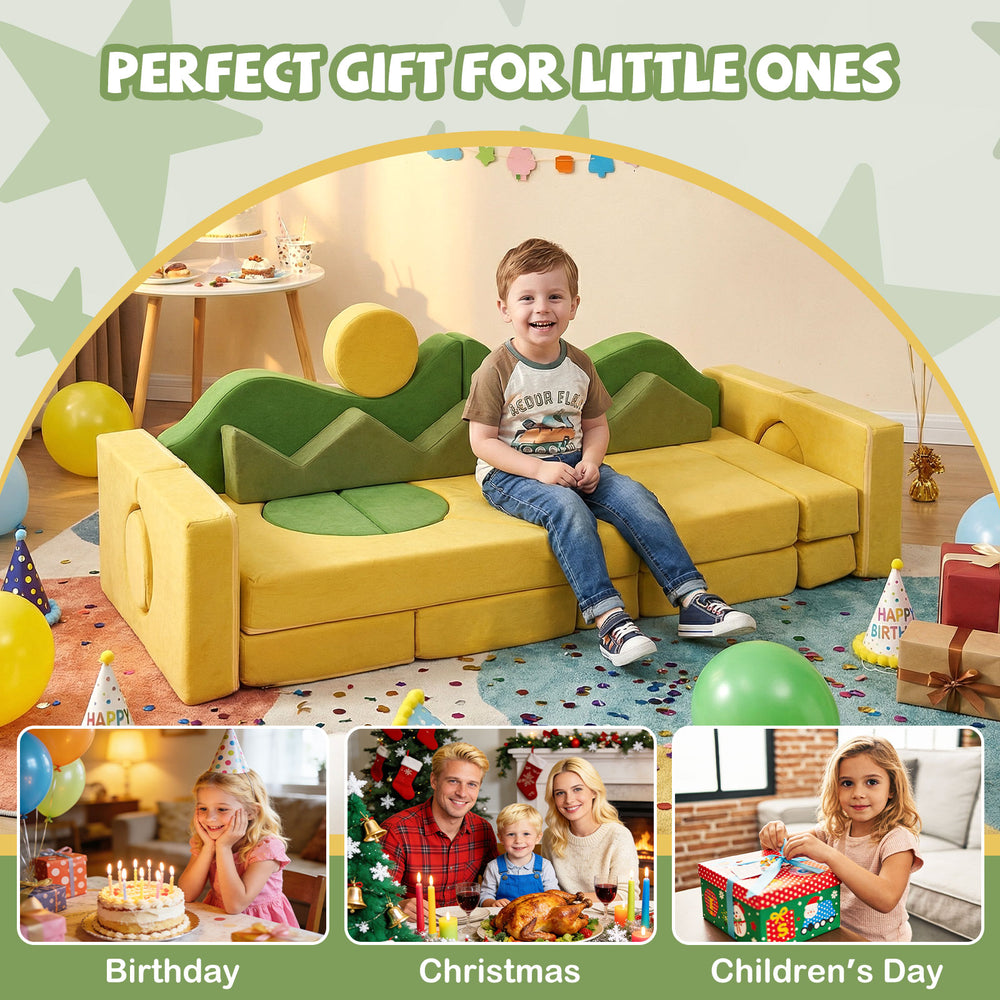 Modular kids play couch in green and yellow, made of soft velvet, perfect for inspiring creativity and family bonding.