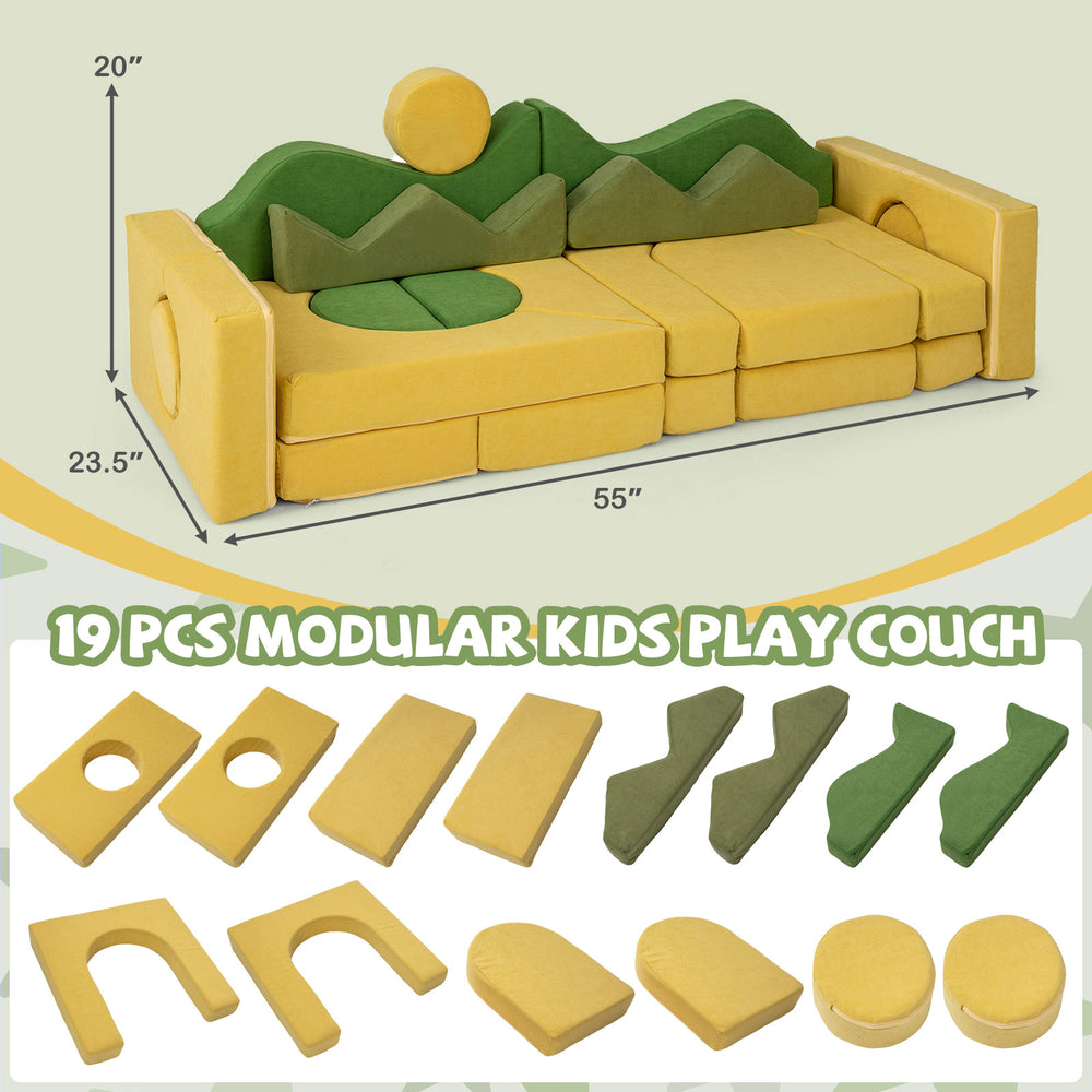 Modular kids play couch with 19 pieces in yellow and green, made of soft velvet for comfort and creativity.