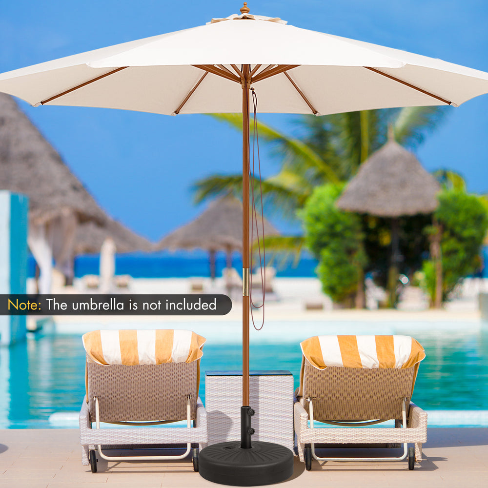 Fillable round umbrella base stand in black, designed for stability with a large reservoir, ideal for patio or poolside.