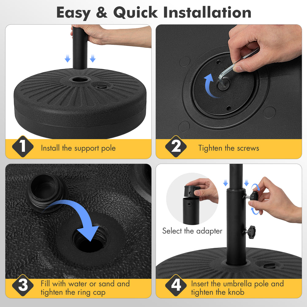 Fillable round umbrella base stand in black, designed for stability with sand or water, ideal for patio and garden use.