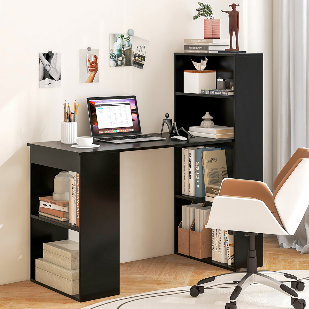 Computer Desk Writing Workstation Office with 6-Tier Storage Shelves-Black - Gallery View 1 of 10