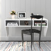 Wall-mounted floating computer desk in white with three storage compartments, ideal for home or office use.