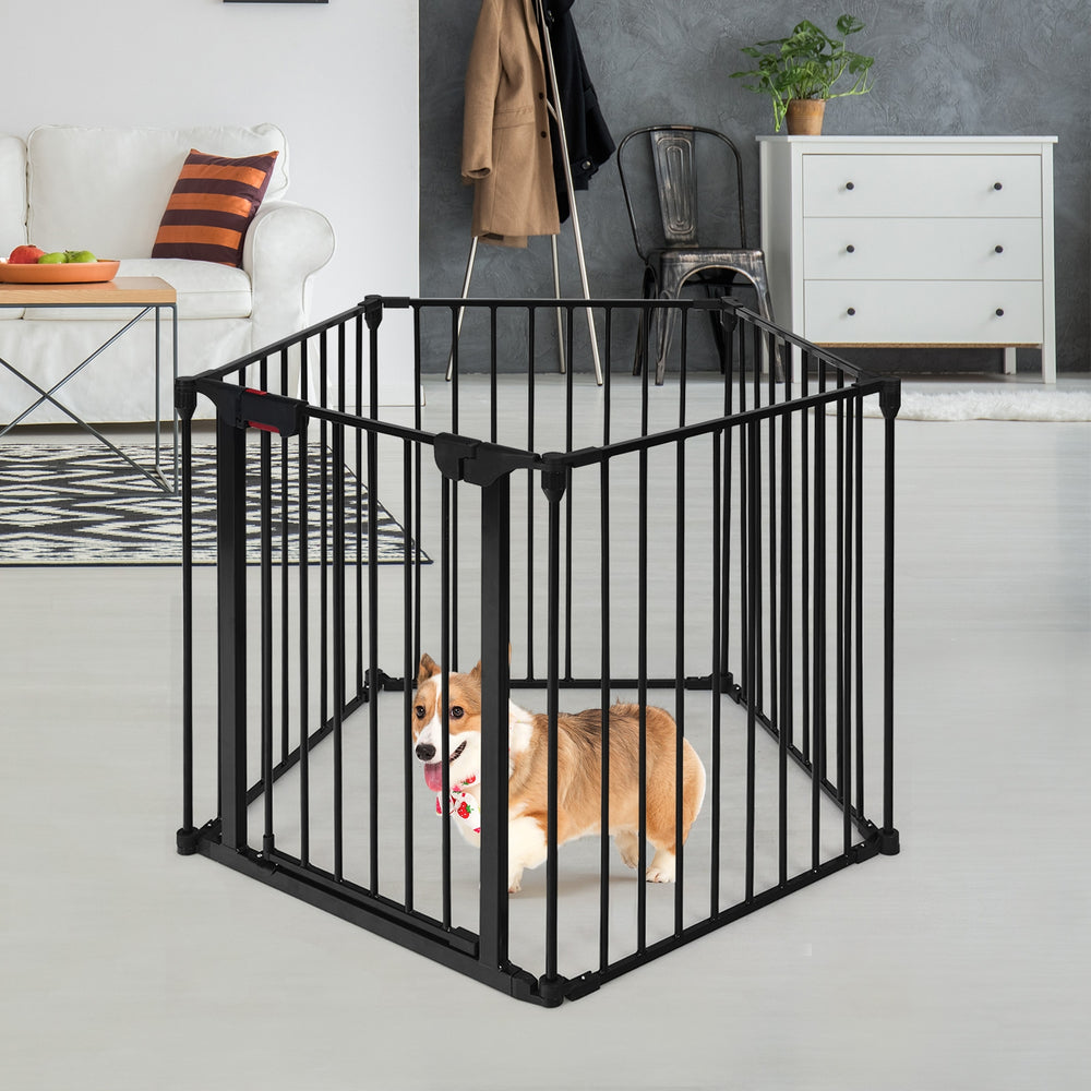 5-panel adjustable black metal fence serving as a pet playpen, featuring a walk-through door and sturdy design for.