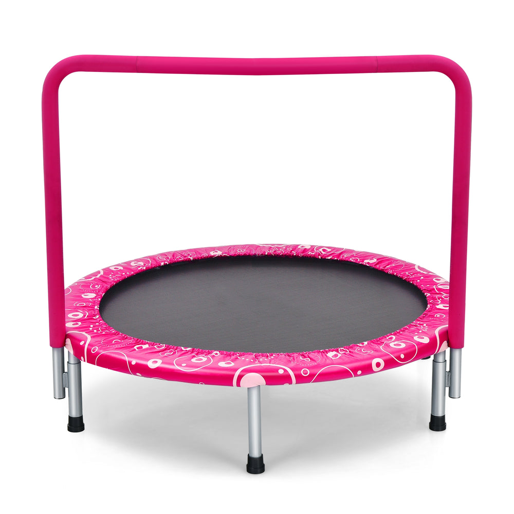 36-inch pink kids trampoline mini rebounder with padded handrail, suitable for indoor and outdoor use.