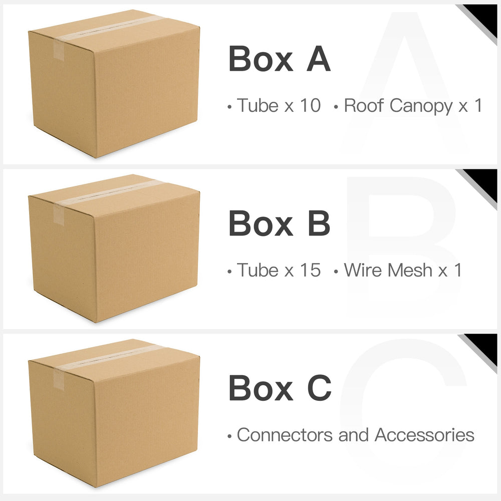 Box A contains 10 tubes and 1 roof canopy for the large walk-in shade cage chicken coop assembly.